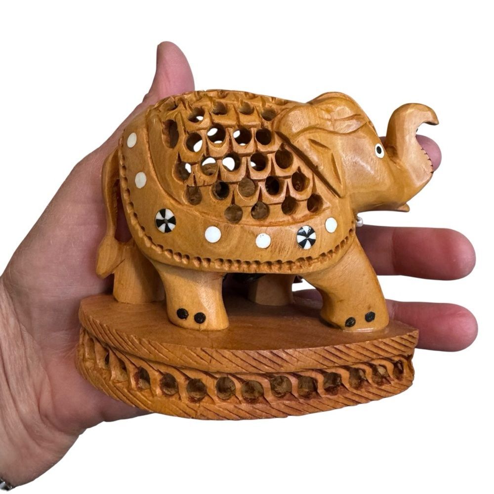 Hand Carved Wooden Elephant Figurine Intricate Openwork Jali Carving